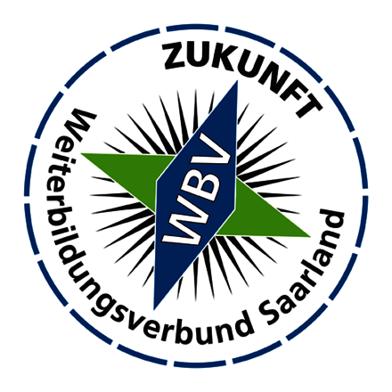 Logo des Weiterbildungsverbundes Saarland (WBV) mit einer Kompassnadel die Richtung Zukunft zeigt