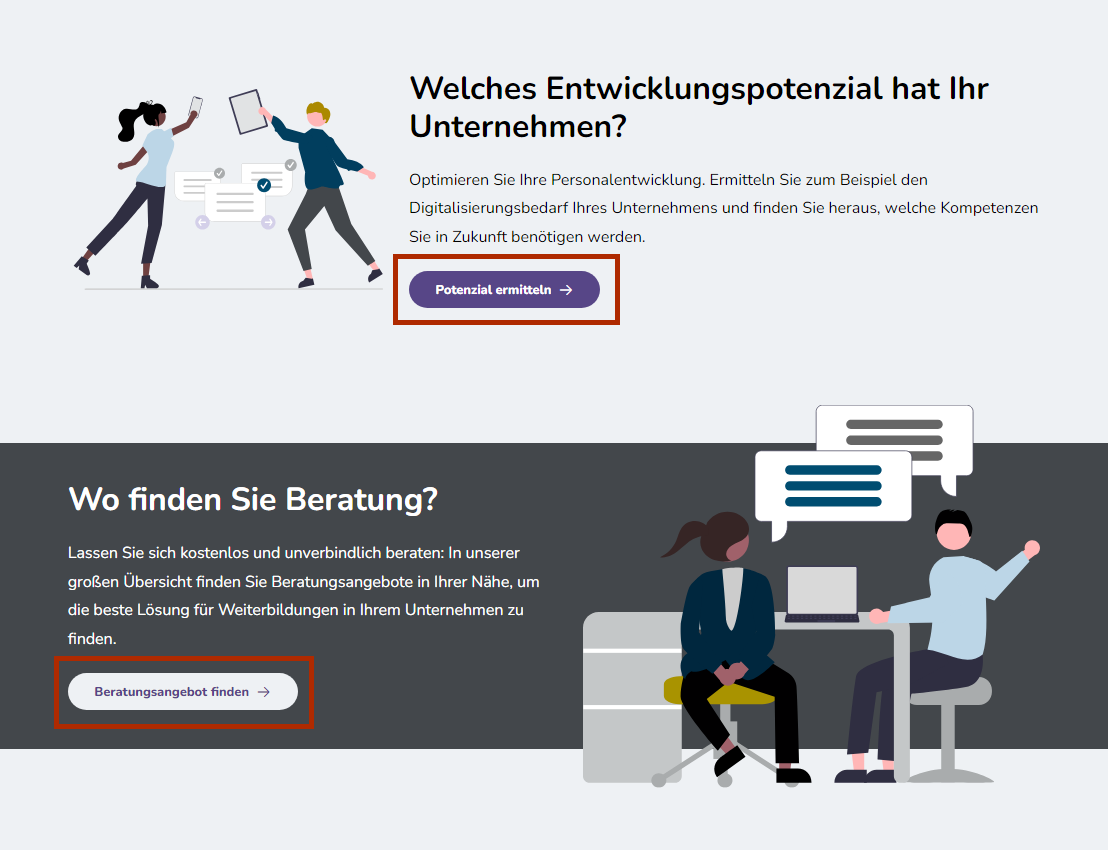 Bildschirmausschnitt der Verlinkung zum Angebot Online-Tests und Beratung auf der mein NOW Startseite für Unternehmen