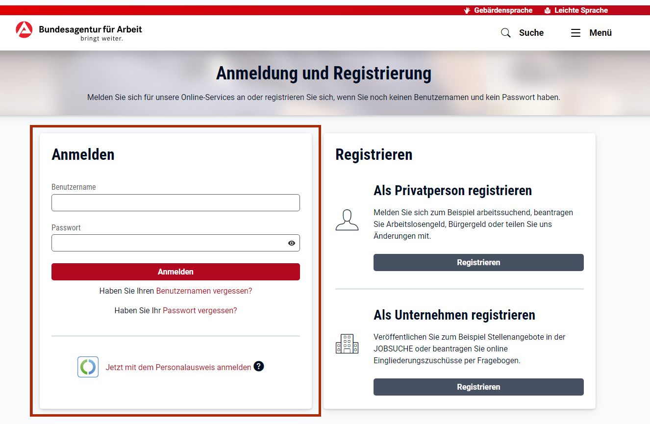 Bildschirmausschnitt des Anmeldebereichs und des Bereichs zur Registrierung zum Profil auf der mein NOW Webseite