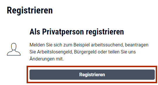 Bildschirmausschnitt des Bereichs zur Registrierung als Privatperson zum Profil auf der mein NOW Website