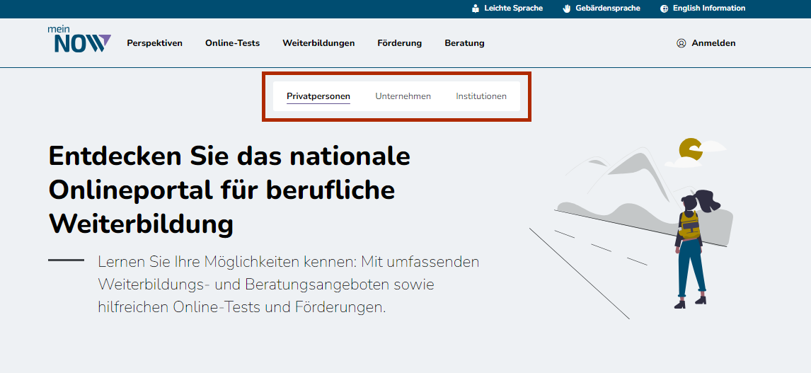 Bildschirmausschnitt der mein NOW Startseite für Privatpersonen mit Markierung des Wortes Privatpersonen