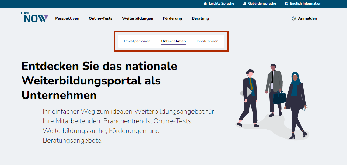 Bildschirmausschnitt der mein NOW Startseite für Unternehmen mit Markierung des Wortes Unternehmen