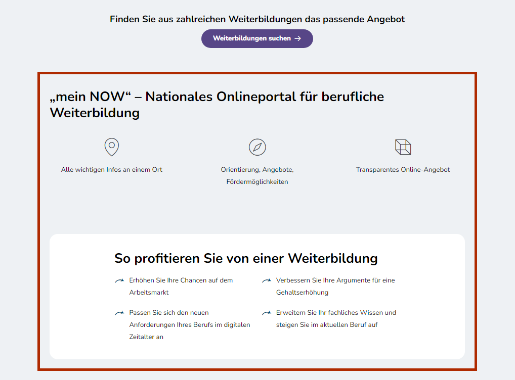 Bildschirmausschnitt der mein NOW Startseite für Privatpersonen mit Infos rund um das Portal und Weiterbildung