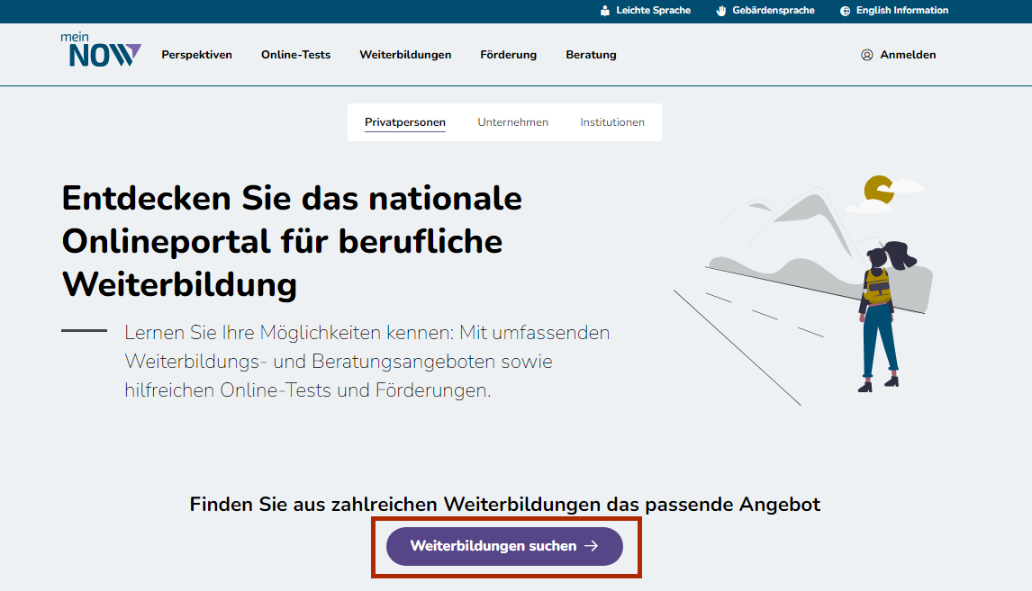 Bildschirmausschnitt der Verlinkung zur Weiterbildungssuche auf der mein NOW Startseite für Privatpersonen