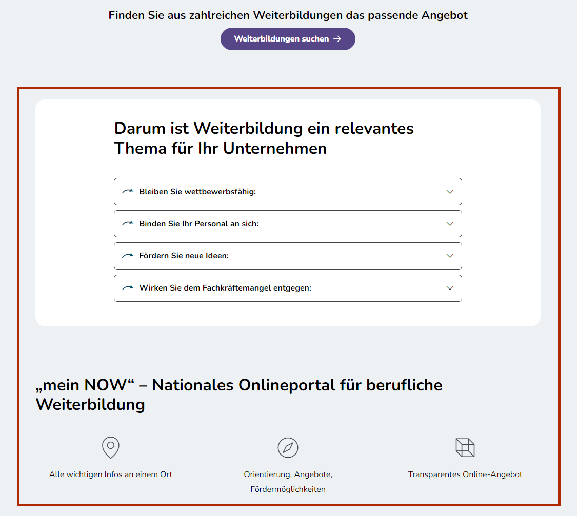 Bildschirmausschnitt der mein NOW Startseite für Unternehmen mit Infos rund um das Portal und Weiterbildung