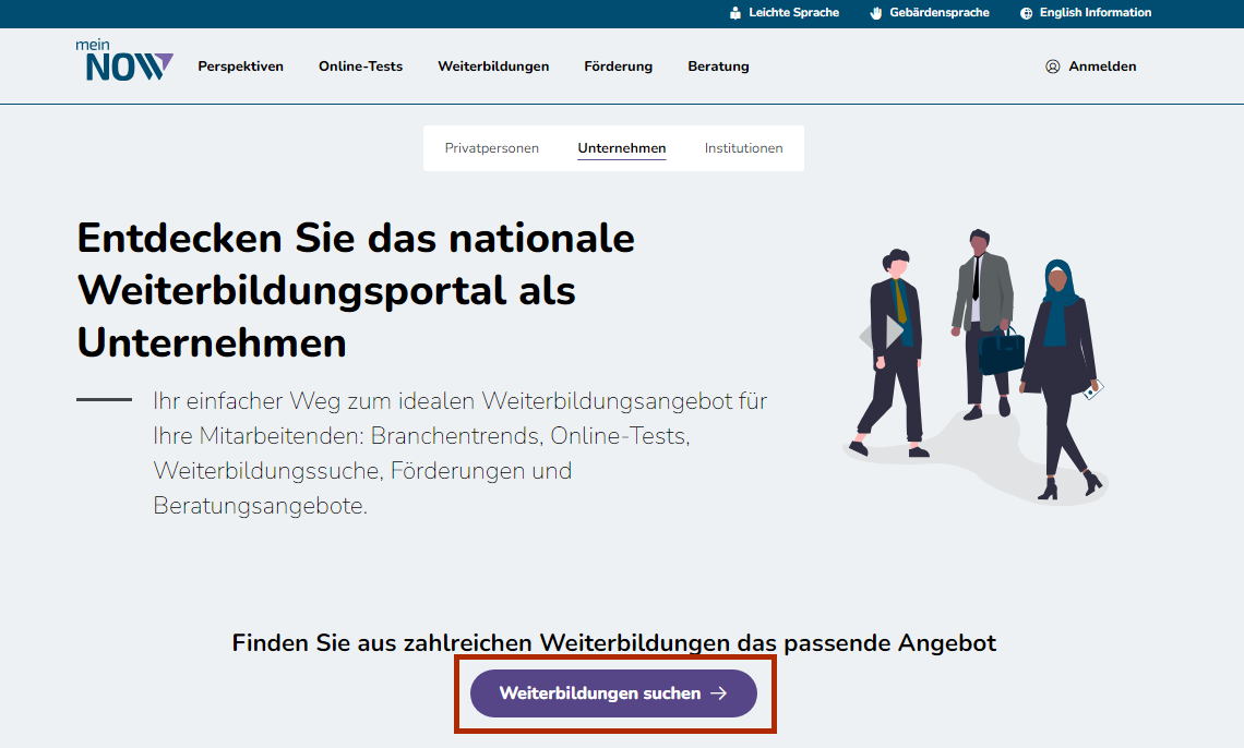 Bildschirmausschnitt der Verlinkung zur Weiterbildungssuche auf der mein NOW Startseite für Unternehmen