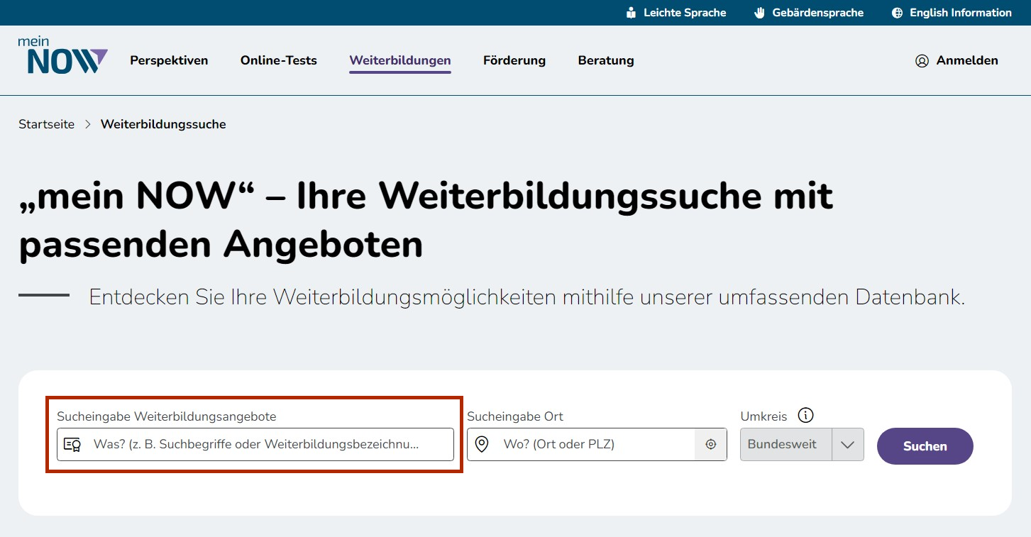 Bildschirmausschnitt der mein NOW Weiterbildungssuche mit einer Markierung rund um das Eingabefeld
