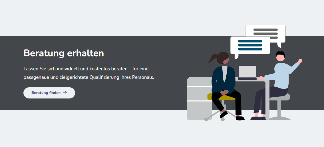 Bildschirmausschnitt der Startseite Unternehmen mit dem Beratungsbanner