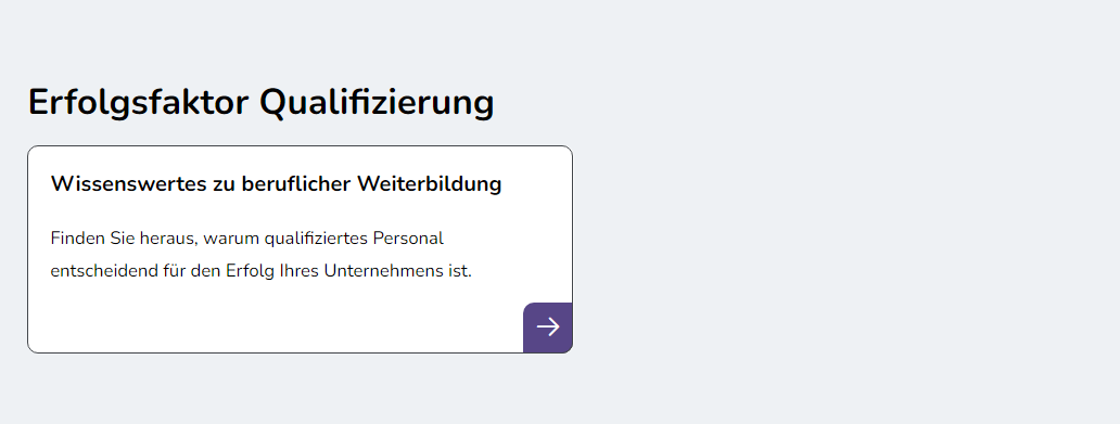 Bildschirmausschnitt der Startseite Unternehmen im Bereich der Karte „Erfolgsfaktor Weiterbildung“