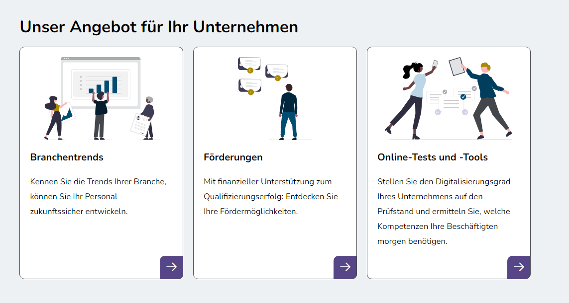 Bildschirmausschnitt der Startseite Unternehmen im Bereich „Angebote“