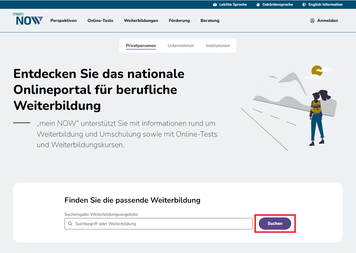 Bildschirmausschnitt der Startseite Privatpersonen mit markiertem Einstieg in die Weiterbildungssuche