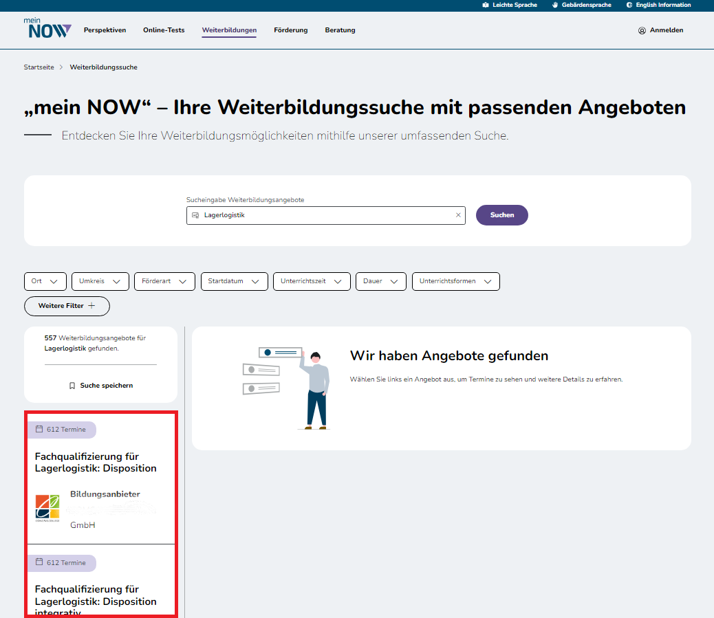 Bildschirmausschnitt der Ergebnisseite der Weiterbildungssuche mit markierten Angeboten