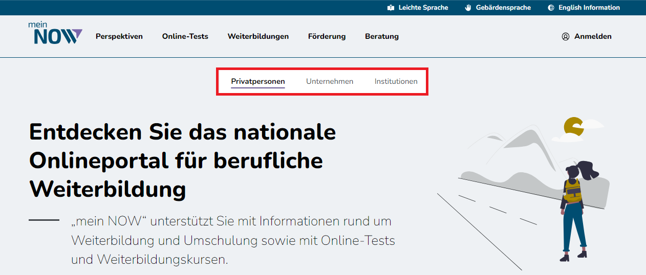 Bildschirmausschnitt der Startseite Privatpersonen mit markiertem Zielgruppen-Menü