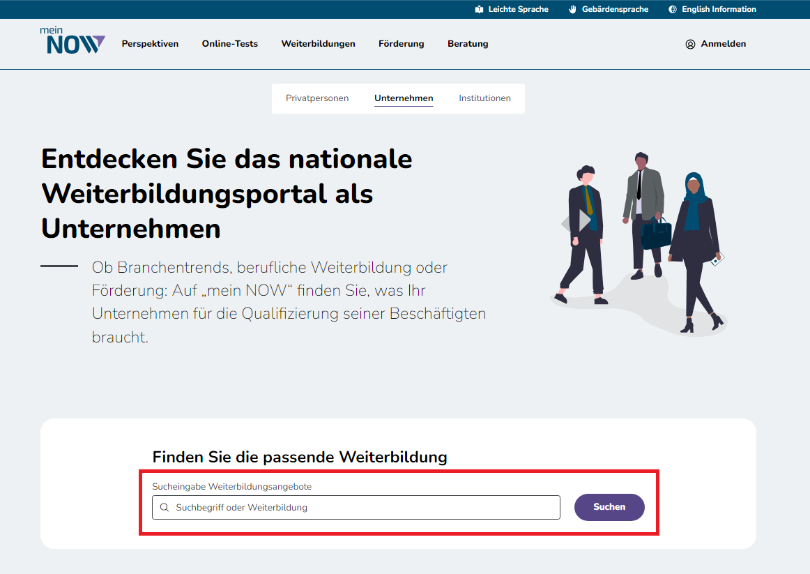 Startseite Unternehmen mit markiertem Sucheinstieg