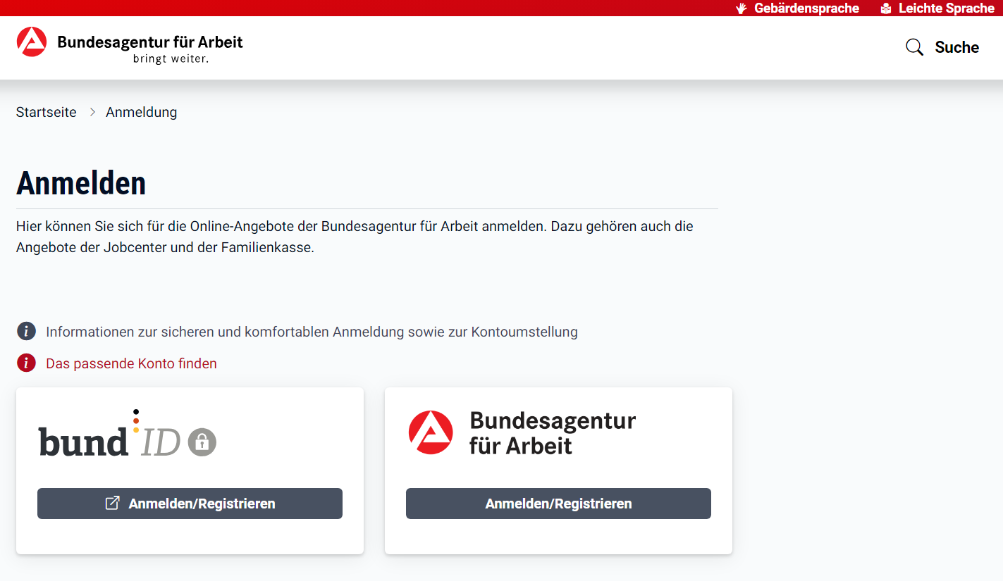 Seite der Bundesagentur für Arbeit mit Anmeldung und Registrierung