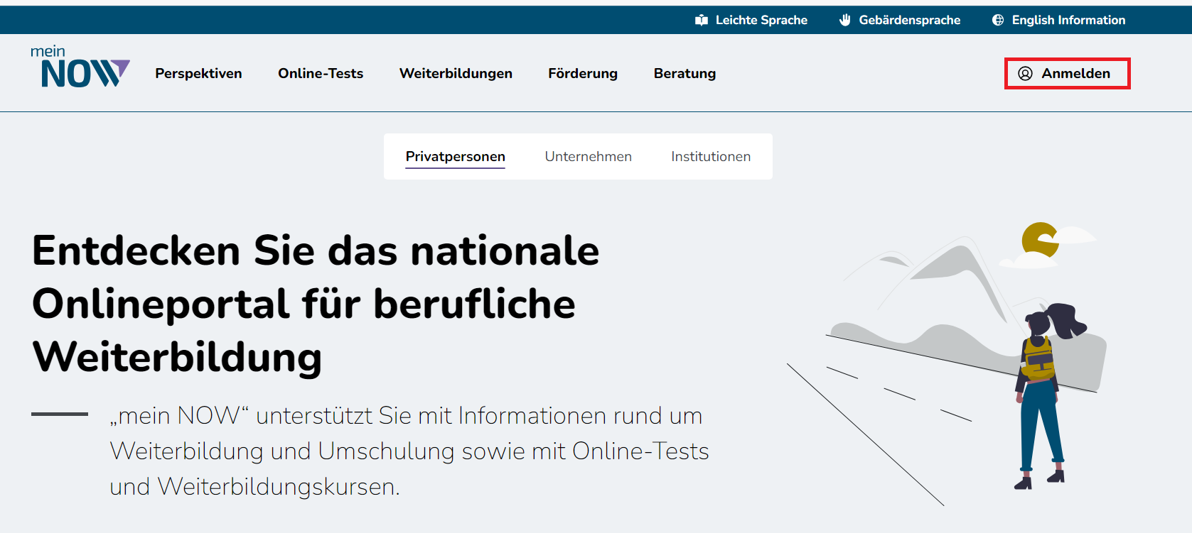 Startseite von „mein NOW“ mit markierter Anmeldung