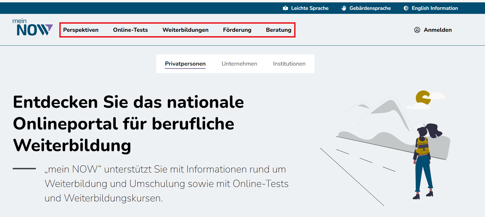 Startseite von „mein NOW“ mit markierter Hauptnavigation