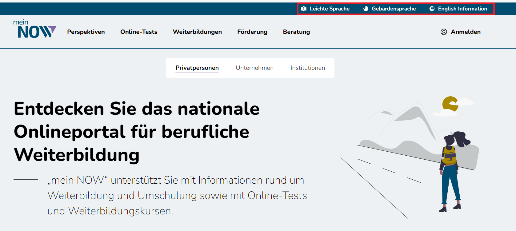 Startseite von mein NOW mit markiertem Header-Menü oben