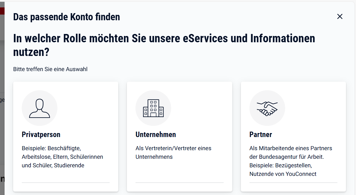 Modal-Fenster mit Informationen zur Anmeldung