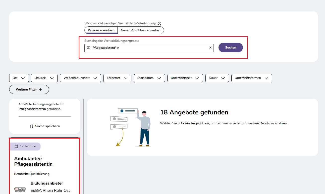 Screenshot der Startseite Weiterbildungssuche mit markiertem Angebot